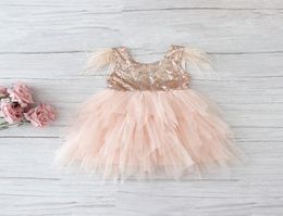 Retail Feather Sequins Tiered Girls Dress Fluffy Tulle Party Kids Princess Dresses for Girls Baby Clothes 210Y E138469614661