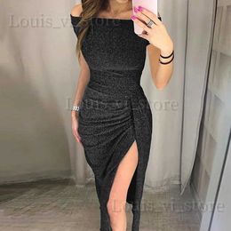 Basic Casual Dresses Long Wrap Dress Women Off Shoulder High Slit Bodycon Dress Short Sleeve Dresses Fancy Party Dress Women Vestidos Para Mujer Y2k T240221