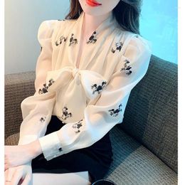 Women's Blouses Women Elegant Bowknot Chiffon Blouse Fashion White Business Casual Office Lady Shirts Puff Long Sleeve Loose Tops Blusas