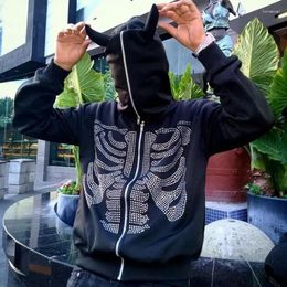 Men's Hoodies Men Y2K Clothes Hoodie Fashion Jacket Goth Rhinestones Monster Horny Skeleton Print Long Sleeve Sweatshirt Oversized Women Top