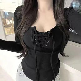 Women's T Shirts Short Skinny Sexy Lace Up Round Neck T-shirt Spring Autumn Clothing Solid Colour Fashion Long Sleeve Tops For Female E702