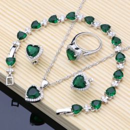 Sets Fashion Women 925 Sterling Silver Jewelry Sets Heart Gem Emerald White Topaz Fine Bridal Jewelry Earrings Bracelet Necklace Sets