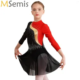 Stage Wear Kids Girls Color Block Ballet Dance Dress Figure Ice Skating Competition Costume Rhinestones Mesh Patchwork Long Sleeve Dresses