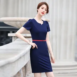 Party Dresses 2024 Summer Elegant Blue Uniform Styles Dress For Women Business Work Wear Ladies Career Interview With Belt