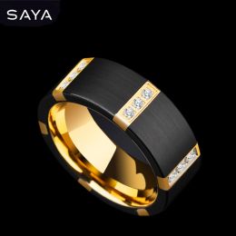 Rings 2021Black Tungsten Carbide Rings for Men With Gold Plating Inside Black Colour Three PCS Cubic Zirconia, Free Shipping, Engraving