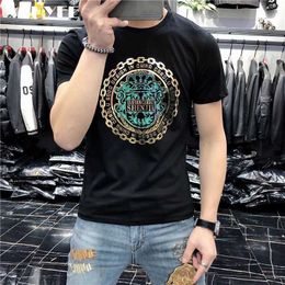 Men's T-Shirts Mens Short Sleeved T-shirt Gold Stamping Printing Fashion Trend Silky Cotton Round Neck Slim Fit Male Tees Summer New Clothing J240221