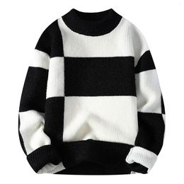 Men's Sweaters Plaid Patchwork Knitted Sweater Spring Autumn Korean All Match Long Sleeve Round Neck Pullovers Male Y2k Streetwear Jumper