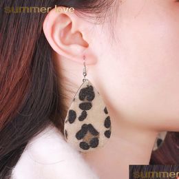 Dangle & Chandelier High Quality Waterdrop Cut Out Leopard Print Leather Dangle Earring For Women Fashion Sier Plated Hook Drop Trend Dhmtw