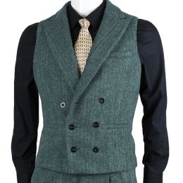 Men Suit Vest Herringbone Tweed Slim Fit Waistcoat Double Breasted Sleeveless Jacket For Wedding Party Prom Suit