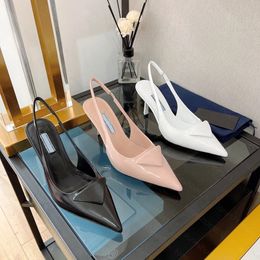 Pointed Designer Toes Pumps Slingback Plaque Slippers sandals shoes women high heels Brushed leather patent leather sling back toe dress party wedding Summer