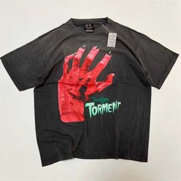 Men's T-Shirts New Washed Black Saint Michael T Shirt Men Women Red Ghost Hand T-shirt Tops Tee Y2K J240221