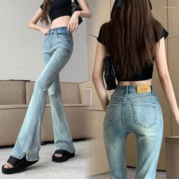 Women's Jeans High Waist Slim Metal Decorative Slit Flare Long Pants Elastic