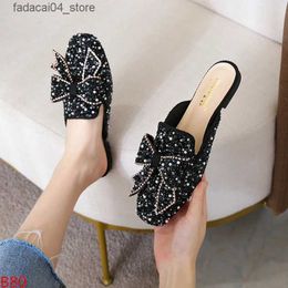 Slippers Square Toe Paillette Beads Mules Women Slippers Summer Shoes Woman Sandals Flip Flops Pearl Bling Glitter Slides Plus Size 34-43 Q240221