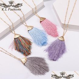 Pendant Necklaces New Long Colorf Tassel Necklace For Women Charm Vintage Fashion Sweater Chain Boho Bohemian Ethnic Jewellery Drop Deli Dhjx2