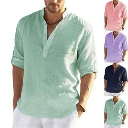 High quality mens springsummer long sleeved cotton linen shirt business casual loose fitting Tshirt top S5XL 240219