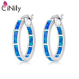 Earrings CiNily Created Blue White Fire Opal Authentic 925 Sterling Silver Wholesale NEW for Women Jewelry Hoop Earrings 25mm SE01011