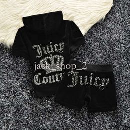 Juicy Sportsuit Women Tracksuit Velvet Sewing Suit 2022 Summer Brand Velour Short Sleeve Top and Shorts Two Piece Set Woman Fashion Top Quality 482