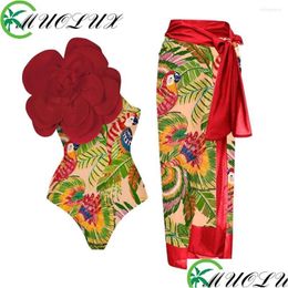 Women'S Swimwear Womens Muolux 2023 Vintage Print Push Up One Piece Swimsuit Dress 3D Flower Bikini Er Fashion Monokini Women Beachw Dh6Ye