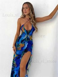 Basic Casual Dresses Fantoye Sexy Neck-Mounted Backless Transparent Printed Women Dress Slim Fit Asymmetrical U-Neck Lace Up Sleeveless Female Dress T240221