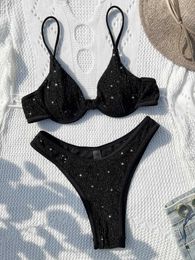 Women's Swimwear Black shiny swimsuit womens two-piece lingerie bikini push up swimsuit 2024 summer beach vacation swimsuit backless swimsuit J240221