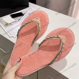Slippers Womens Thong Sandals Flip Flops Classic Flat Heels Denim Slide With Chain Mule Beach Shoes Ladies Slip On Non-slip Casual Shoe Rubbe Q240221