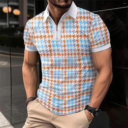Men's Polos Summer Casual Short-sleeved Polo Shirt Yellow Plaid Printing Button Lapel Breathable Fashion Clothing Top