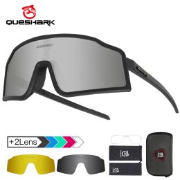 Eyewears QUESHARK Men Women Polarised 3 Lens Set Cycling Sunglasses Sports MTB Bicycle Eyewear Riding Road UV Mirror Bike Glasses QE54