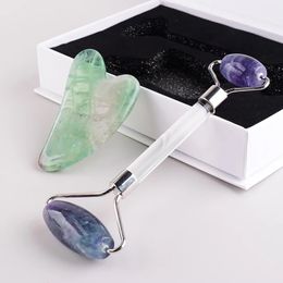 Jade Roller and Gua Sha Set Natural Purple Or Green Fluorite Stone Guasha Scraping Board Face Roller Beauty Skincare Massager