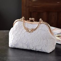 Evening Bags Vintage Lace Embroidery Flower Bag For Women Metal Gold Color Handle Handbags Wedding Party Bridal Clutches Shoulder