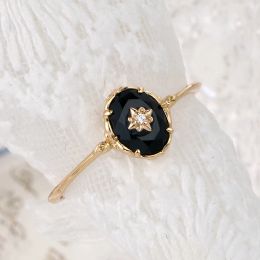 Rings LAMOON Natural Black Agate Ring For Women Gemstone Ring 925 Sterling Silver Gold Vermeil Fine Jewellery Vintage Elegant Bijou