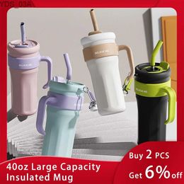 Water Bottles Large Capacity 40oz Ice Bar Mug With Handle And Straw Double Layer Vacuum Reusable Stainless Steel Insulated Thermal Holding YQ240221