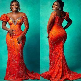 2024 Aso Ebi Orange Mermaid Prom Dress Beaded Crystals Sequined Sexy Evening Formal Party Second Reception Birthday Engagement Gowns Dresses Robe De Soiree ZJ53