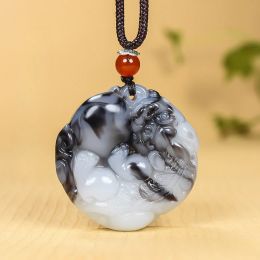 Pendants Blue and White Jade Ball Holding Pixiu Pendant, White and Black Popular Jade Pendant for Men and Women