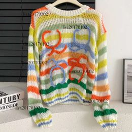 Damenpullover Langarm Mohair Vintage Pullover Frau Winter 2023 Rundhalsausschnitt Wolle Regenbogen Streifen Strickpullover Design Kleidung