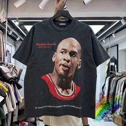 Men's T-Shirts Washed Basketball Character Graphics Printed T-shirt Vintage Loose Casual T-shirt Womens Top J240221