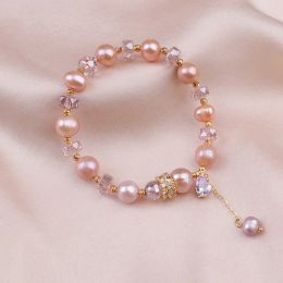 Bracelets Pink Baroque Natural Freshwater Pearl Bracelet for Women Purple Crystal Bracelet Summer Nice Girls Jewelry Gifts