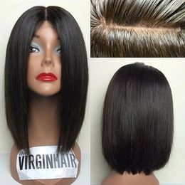 Short Human Hair Bob Wig Skin Base 5*5 Silk Top Closure Wig Free Part Malaysian Remy Hair Lace Front Wig Free Part Natural Balck 240220