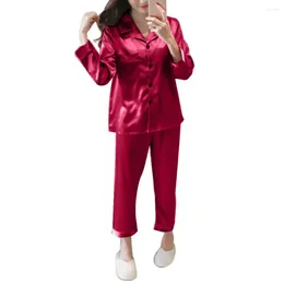 Women's Sleepwear 2Pcs Women Pyjamas Set Silk Satin Turn Down Collar Solid Colour Autumn Long Sleeve Shirt Pants Loungewear Home Suit