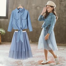 Clothing Sets 2024 Korean Spring Autumn Children 2-Piece Girl Denim Shirt Toddler Cardigan Top Kids Mesh Skirt Pluffy Dress For