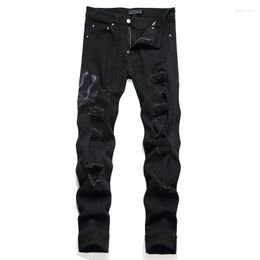 Men's Jeans Mens Men Snake Embroidery Streetwear Black Stretch Denim Pants Holes Ripped Distressed Slim Straight Trousers