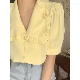 Women's T Shirts Korean Summer Retro Design Sense Doll Collar Short-sleeved Blouse Fashion Solid Shirt Flower Edge Loose Chiffon T-shirt