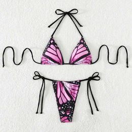 Women's Swimwear Butterfly printed low waisted bikini set suitable for women lace neckline swimwear womens swimwear Brazilian thong swimwear J240221