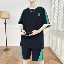 Summer mens track suit breathable casual T-shirt and shorts two-piece loose jacket top tee elastic waist knee length pants 240221
