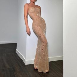 Casual Dresses Glitter Crystal Rhinestones Sling Wrap Maxi Fishtail Dress Stunning Sexy See Through Formal Occasion Party Gowns Celebrity