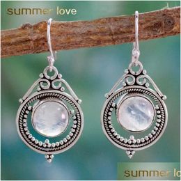 Hoop & Huggie New Arrival Moonstone Vintage Pendant Dangle Earring For Women Waterdrop Round Oval Shape Diamond Elagant Jew Dhgarden Dhdak