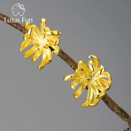 Earrings Lotus Fun 18K Gold Elegant Chrysanthemum Flower Stud Earrings for Women Original Real 925 Sterling Silver New in Fine Jewelry