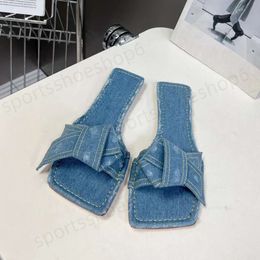 Slippers Flat Heel Square Toe Slippers Women Denim Cloth Bow-Knot Sandals Summer Comfort Vacation Shoes Ladies Simple Sandalias 2024 new