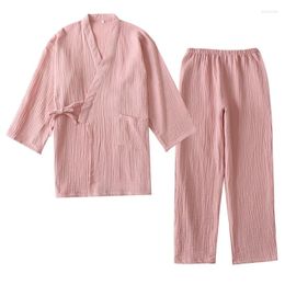 Ethnic Clothing Ink-free Japanese Kimono Pajamas For Women Autumn-winter Crypto Wash Crepe Pure Cotton Gauze Homewear Set Loose