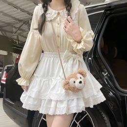 Skirts NIGGEEY Autumn Sweet Japanese Solid Colour High Waist Lace A-line Half Skirt With Bow Splice Short Fluffy Cake Women