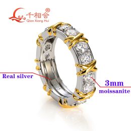 Rings X yellow gold plated 3mm round D vvs moissanite stone Eternity Band ring 925 Sterling Silver Jewellery Ladies men Rings Engagement